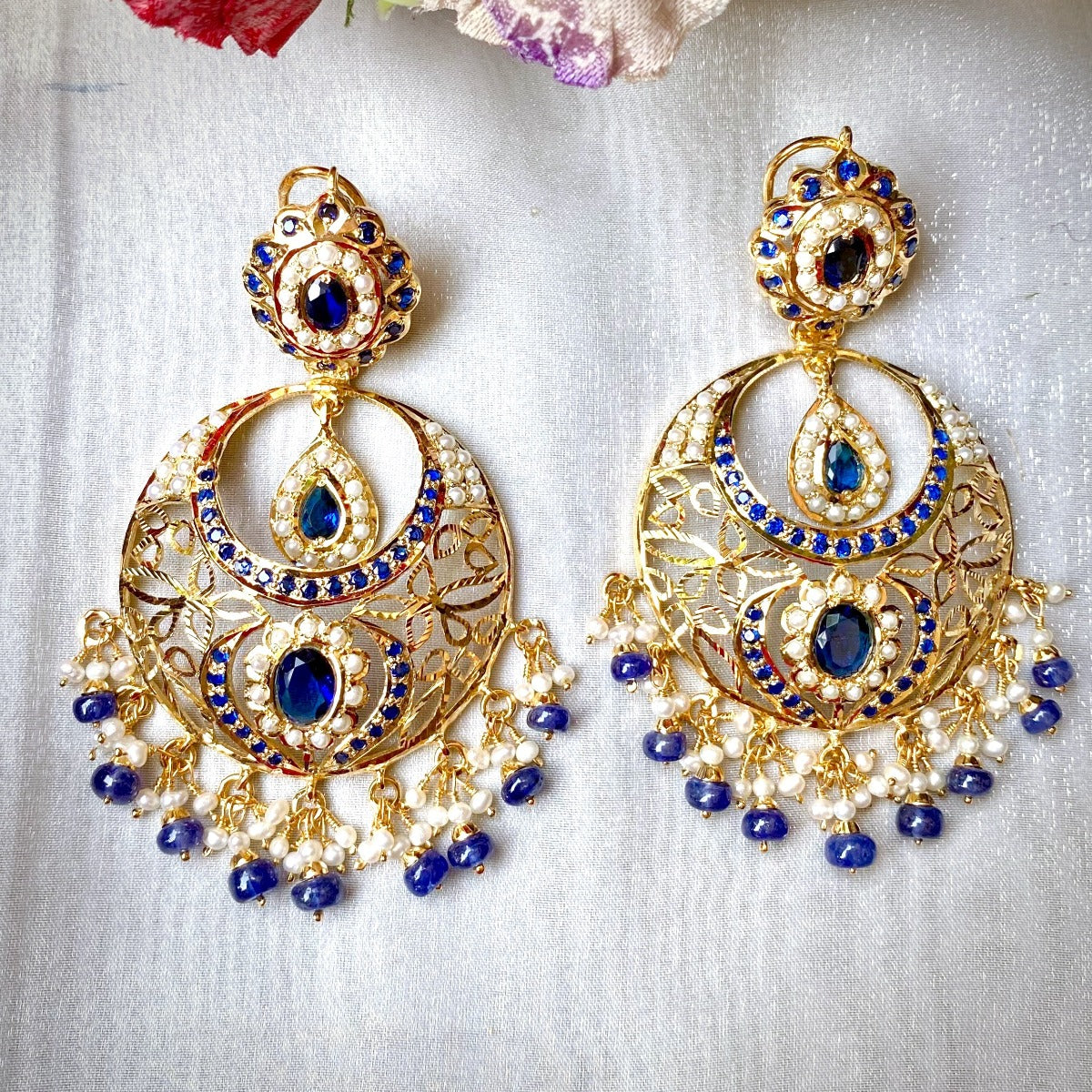 Pearl Sapphire Color Stones | Jadau Chandbali Earrings | Gold Plated Silver ER 318