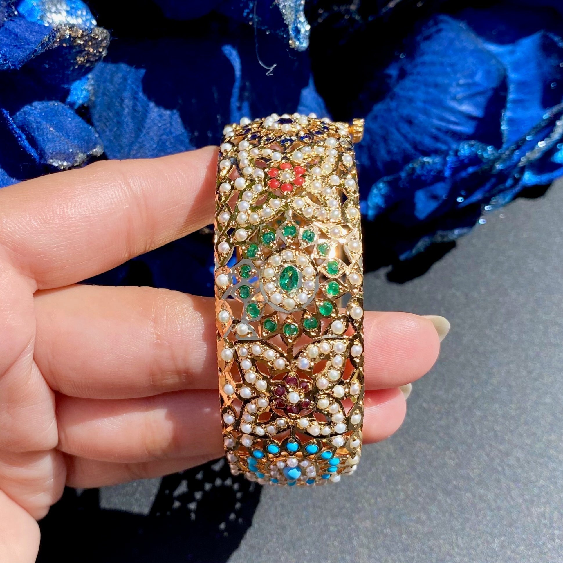 Statement Gold Plated Navratna Bangles | Rarefind Indian Jadau Jewelry on Sterling Silver BG 080