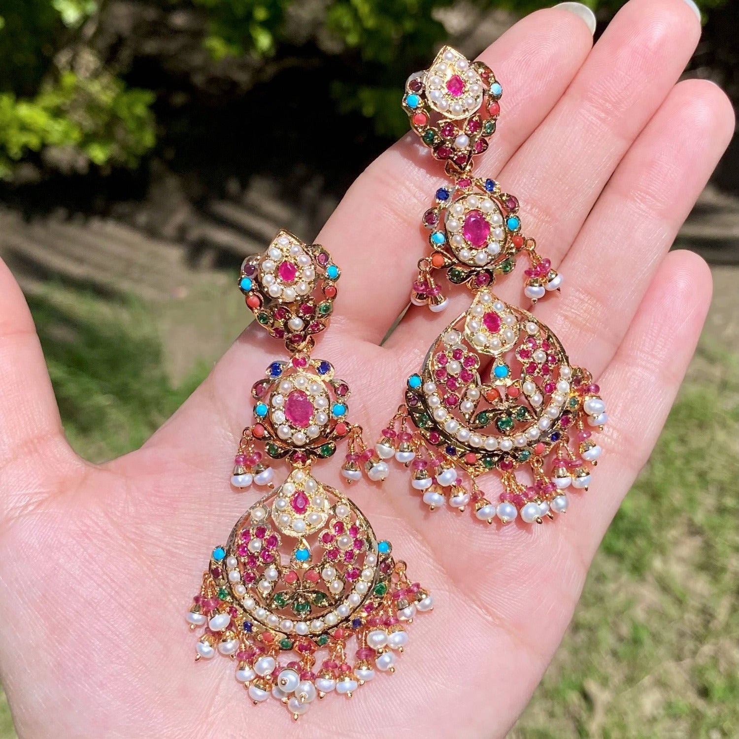 Magnificient Navaratna Danglers| Gold Plated Silver Earrings | ER 587