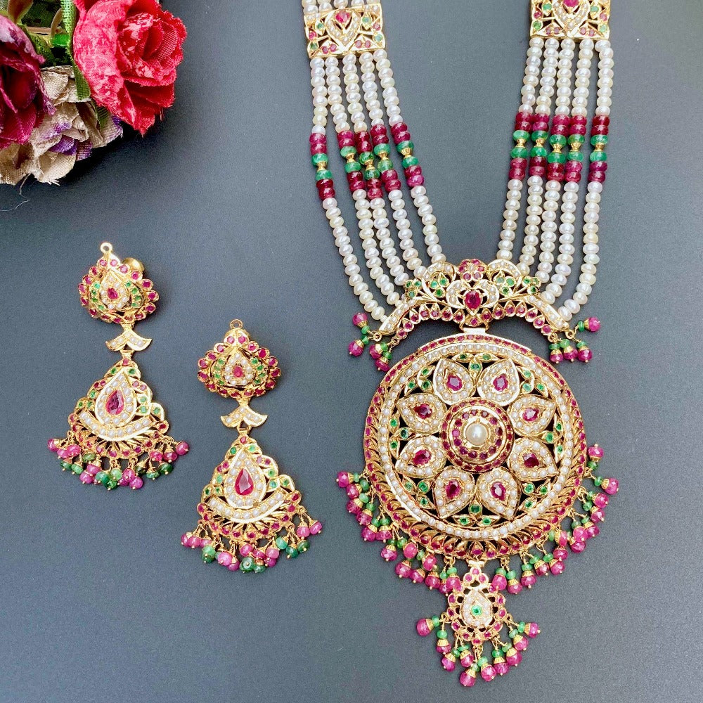 bridal wear heavy gold rani haar set in 22k gold and precious stones