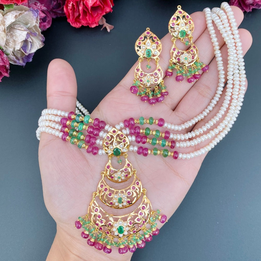 small indian rani haar set with ruby emerald and pearls in 22k gold