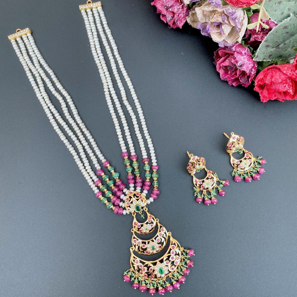 small indian rani haar set with ruby emerald and pearls in 22k gold