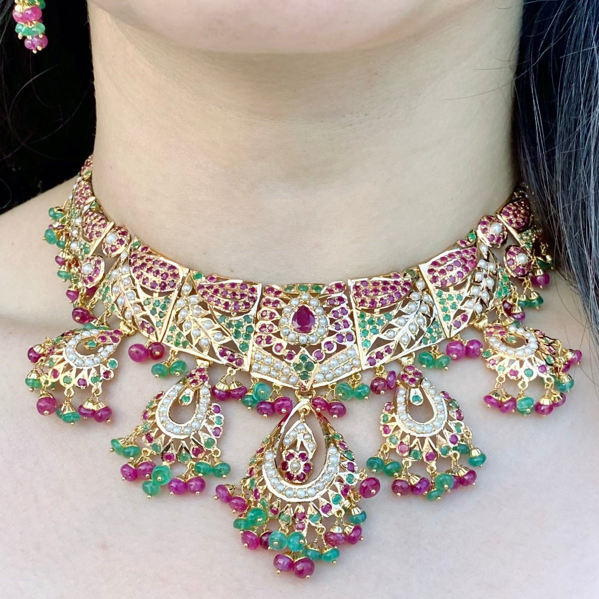 multicolored jadau necklace set in 22k gold