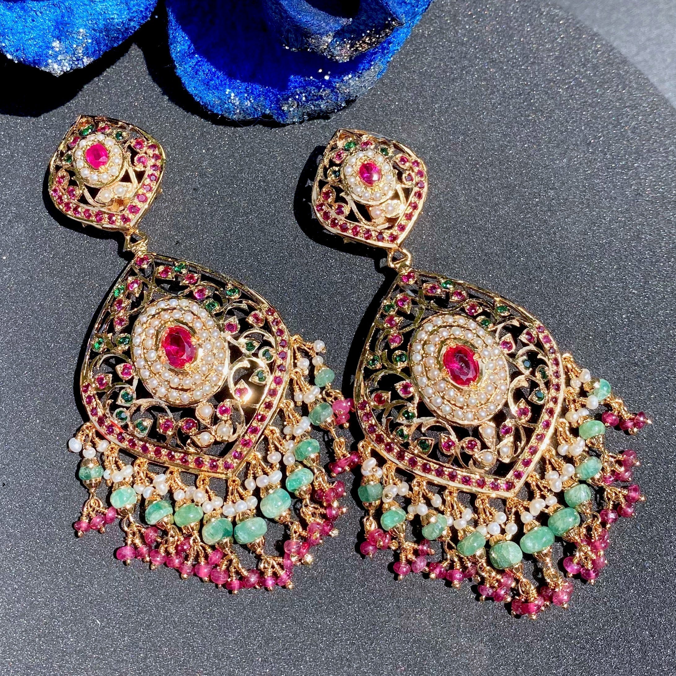 Statement Jadau Earrings | Ruby Emerald Earrings Online ER 622