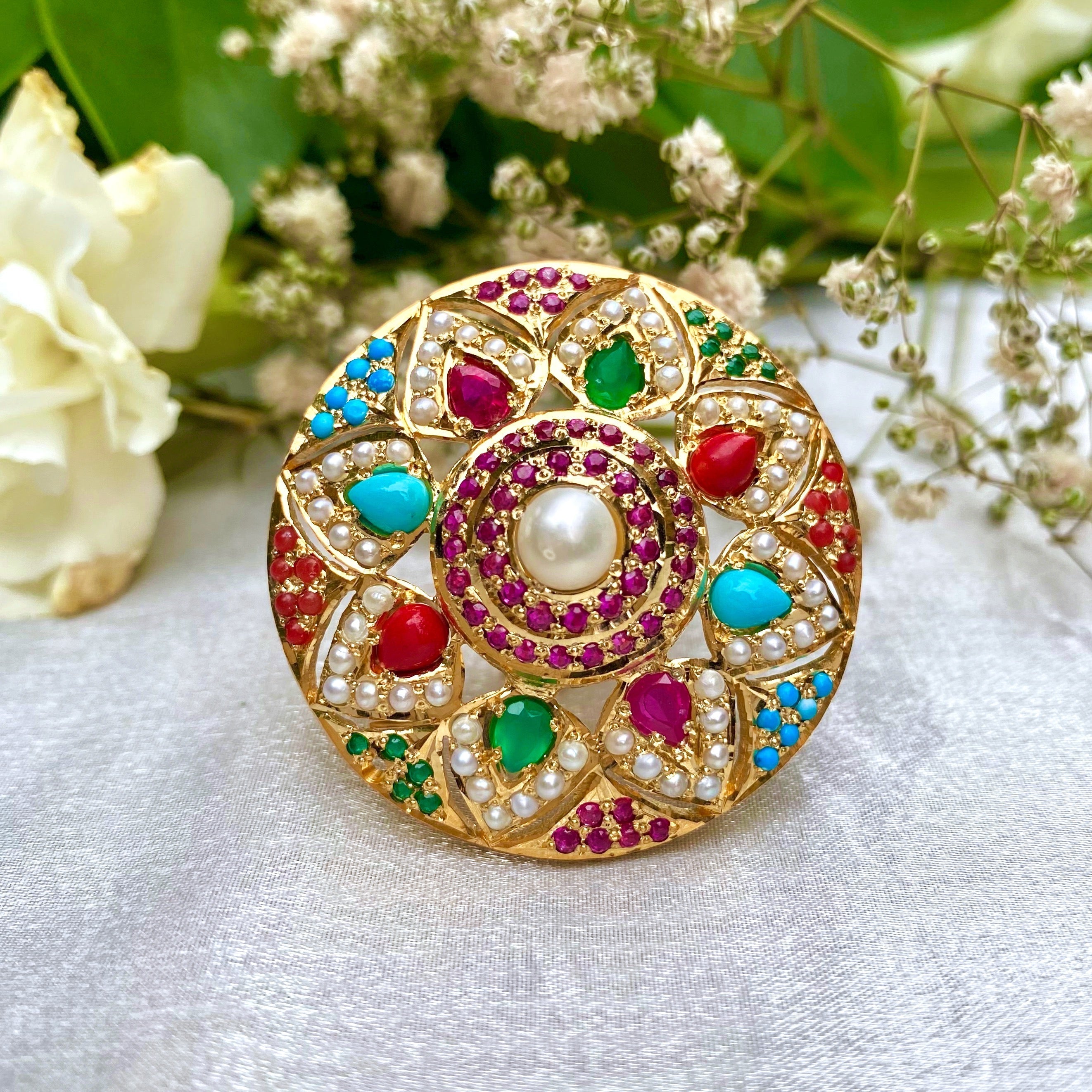 Buy Navaratna Jewelry Online | Premium Cocktail Ring on Silver with Gold Plating LR 010