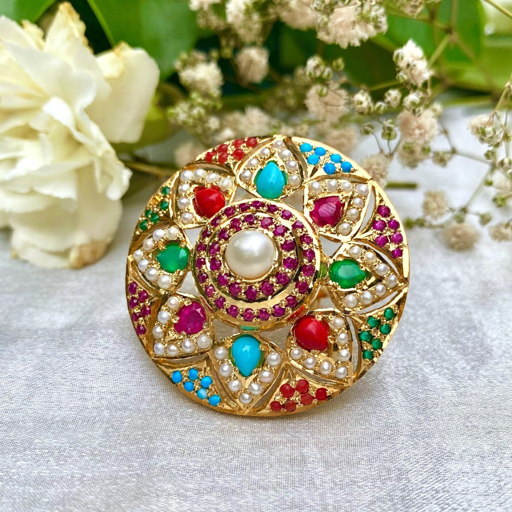 Buy Navaratna Jewelry Online | Premium Cocktail Ring on Silver with Gold Plating LR 010