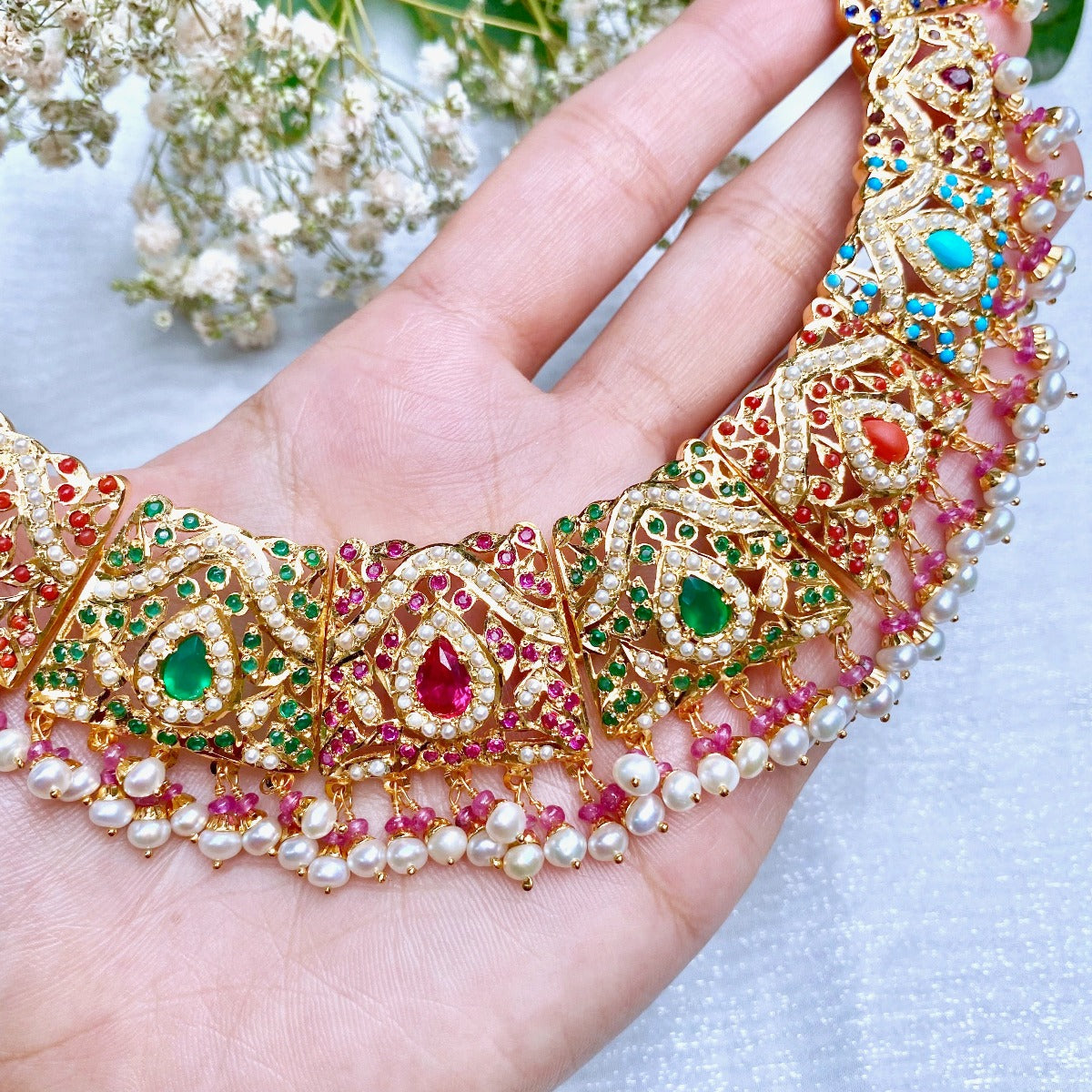 Buy Navaratna Jewellery Online | Navaratan Guluband Necklace Set NS 038