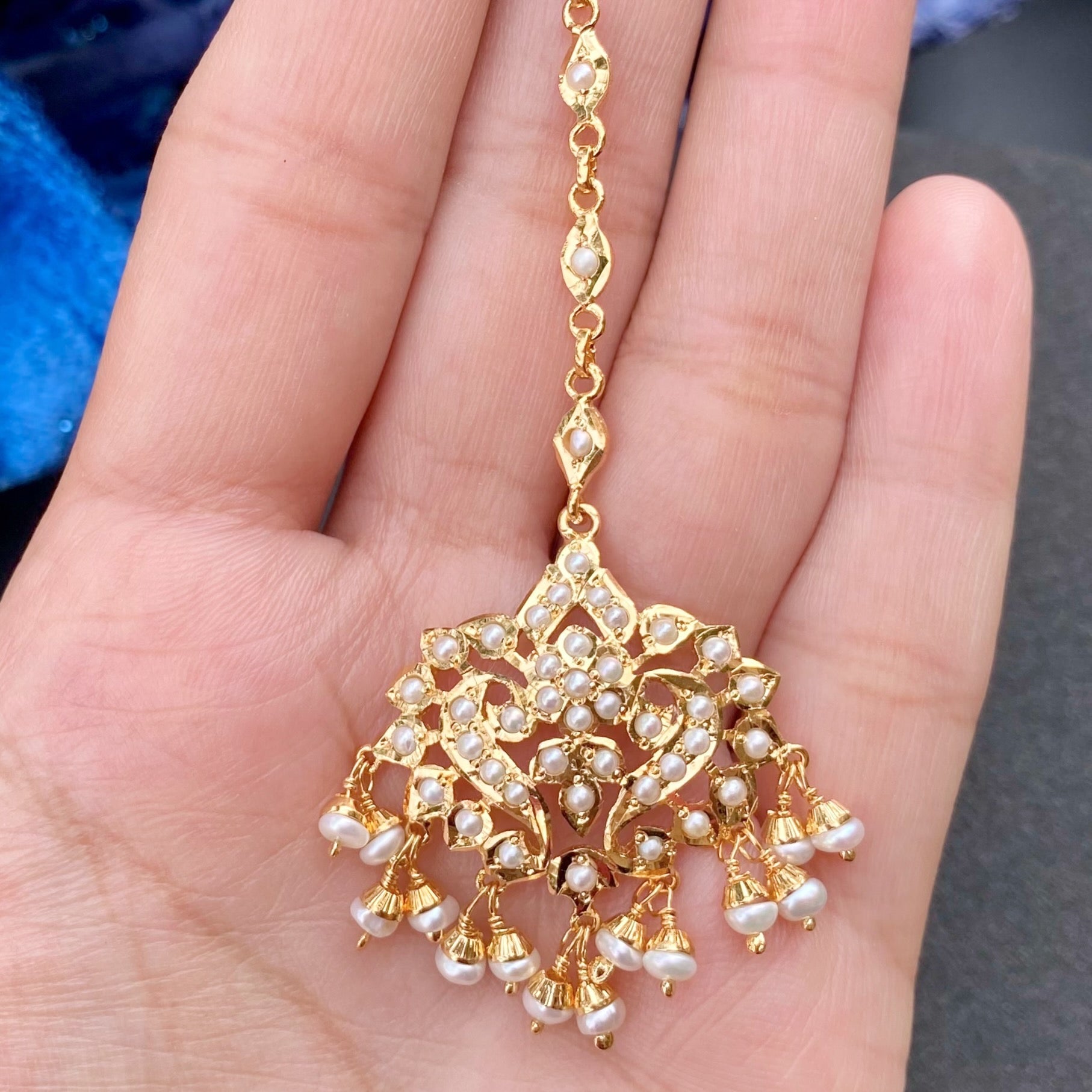 Simple Pearl Maang Teeka for Women | Freshwater Pearls on Sterling Silver | Gold Plated TK 079