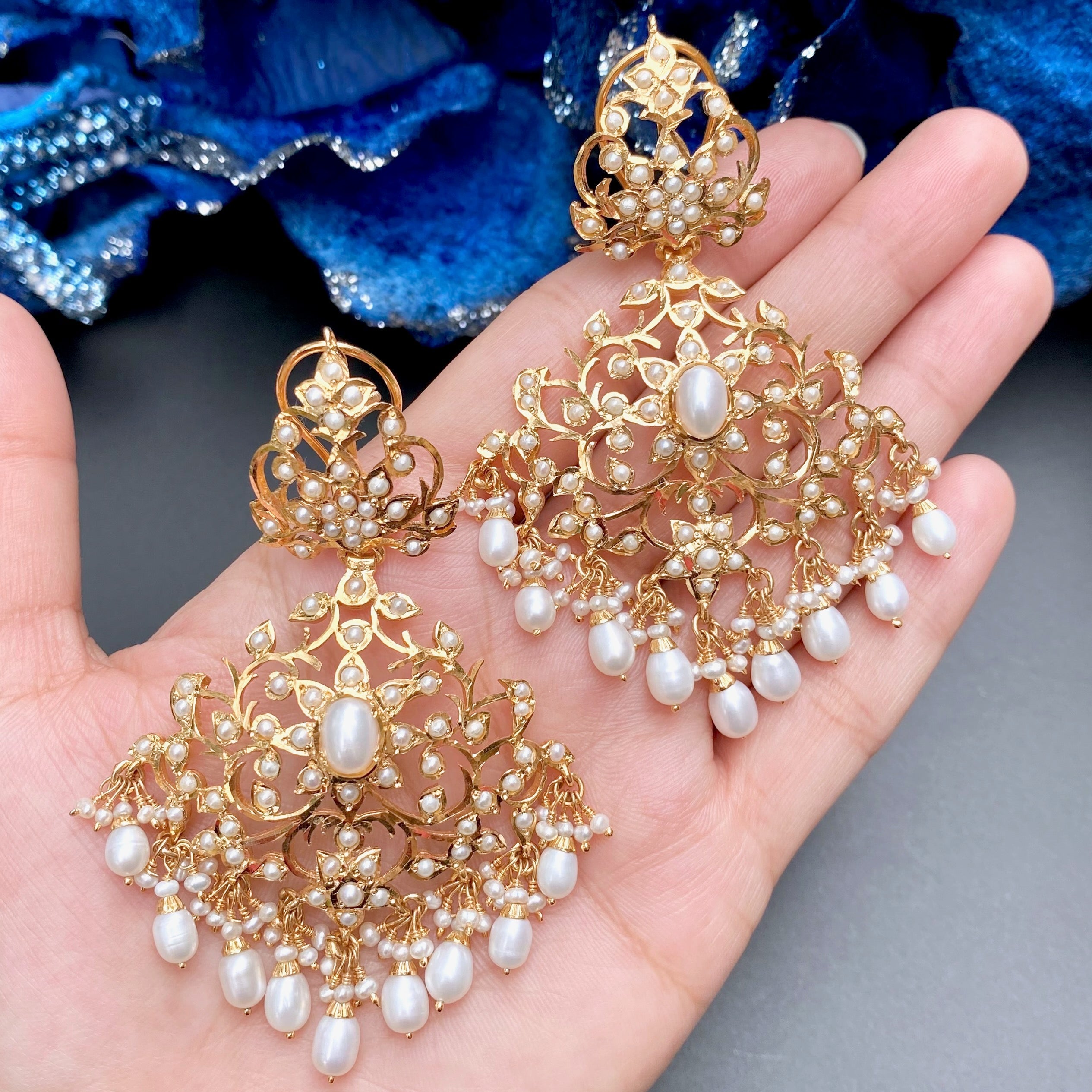 Alluring Pearl Earrings | Antique Edwardian Victorian Styled Indian Jewelry | Silver with Gold Plating ER 170