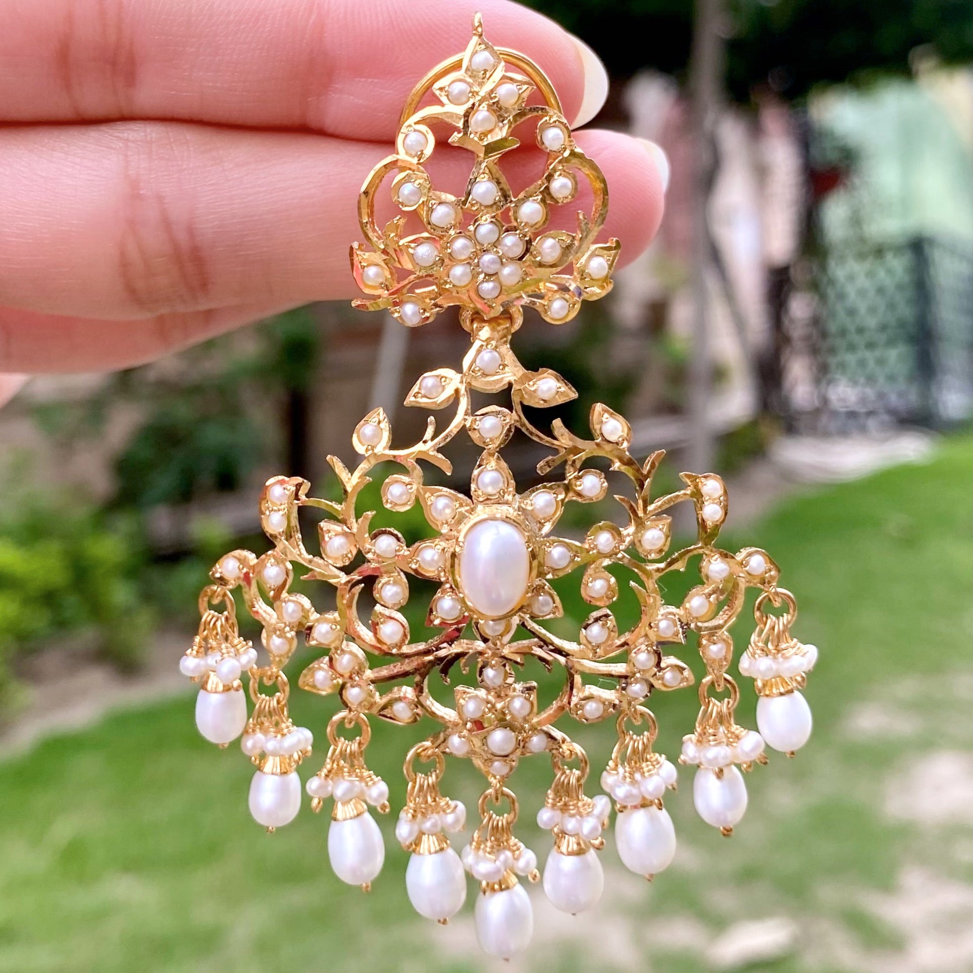 Alluring Pearl Earrings | Antique Edwardian Victorian Styled Indian Jewelry | Silver with Gold Plating ER 170