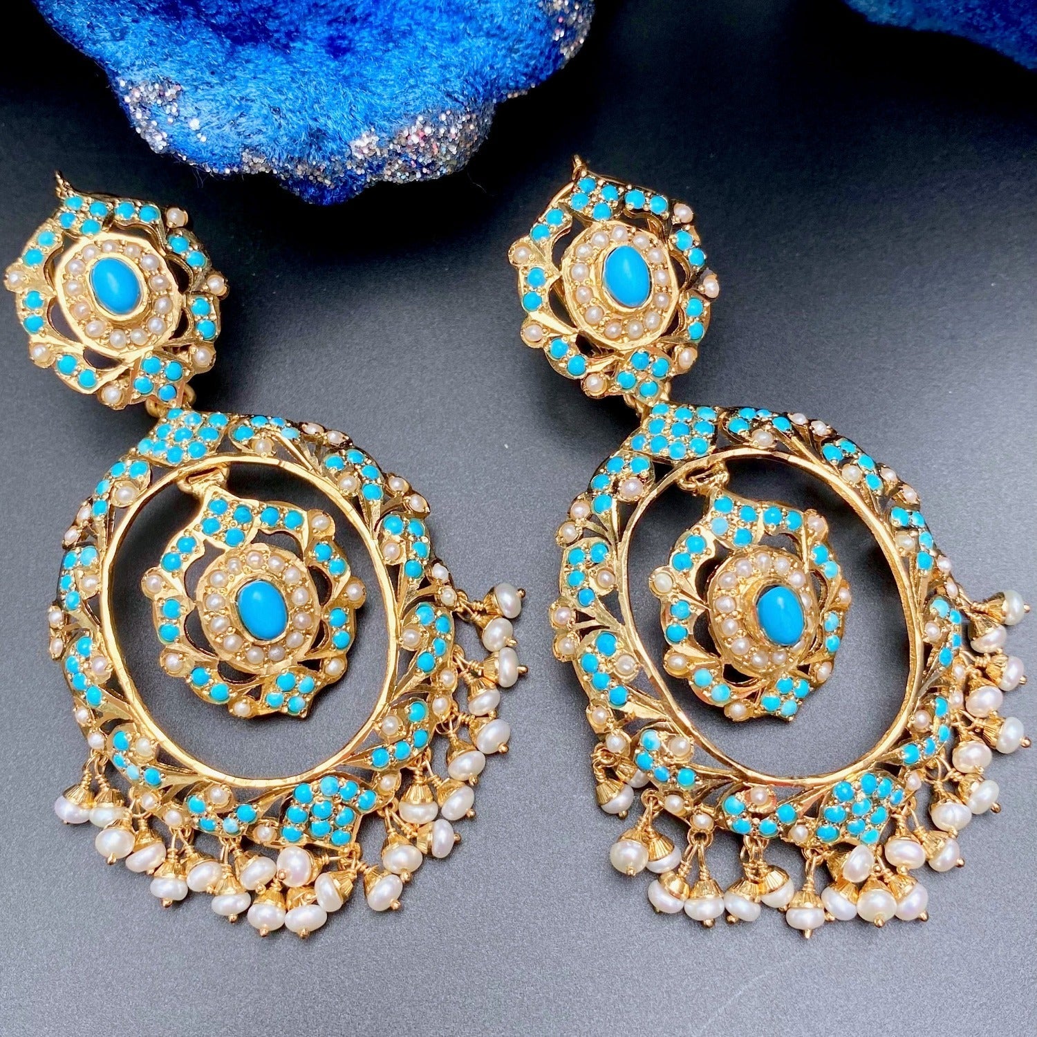 large pearl and turquoise indian earrings