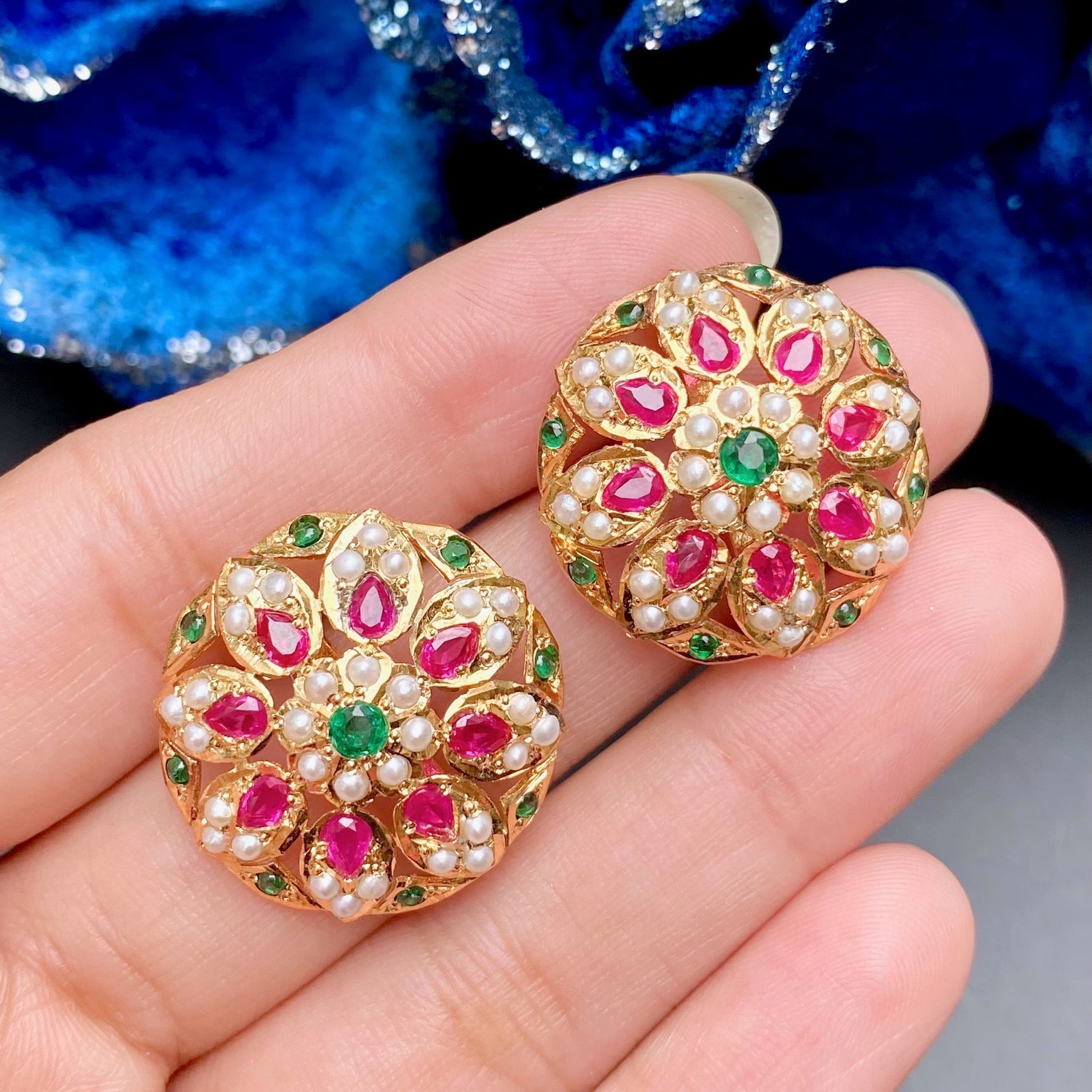 Multicolored Jadau Stud Earrings | Sterling Silver with Gold Plating ER 164