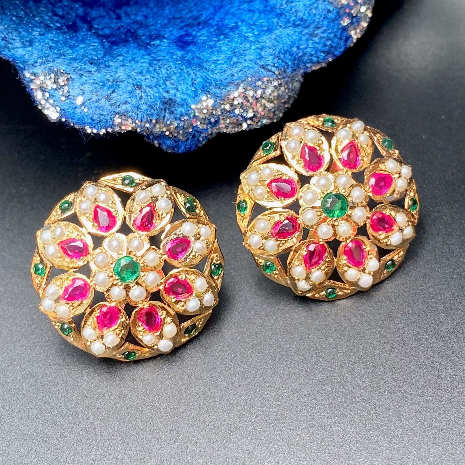 Multicolored Jadau Stud Earrings | Sterling Silver with Gold Plating ER 164