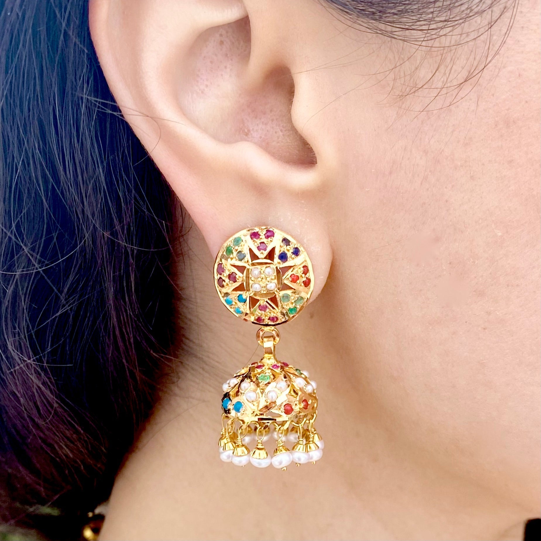 delicate gold navratna necklace with jhumka