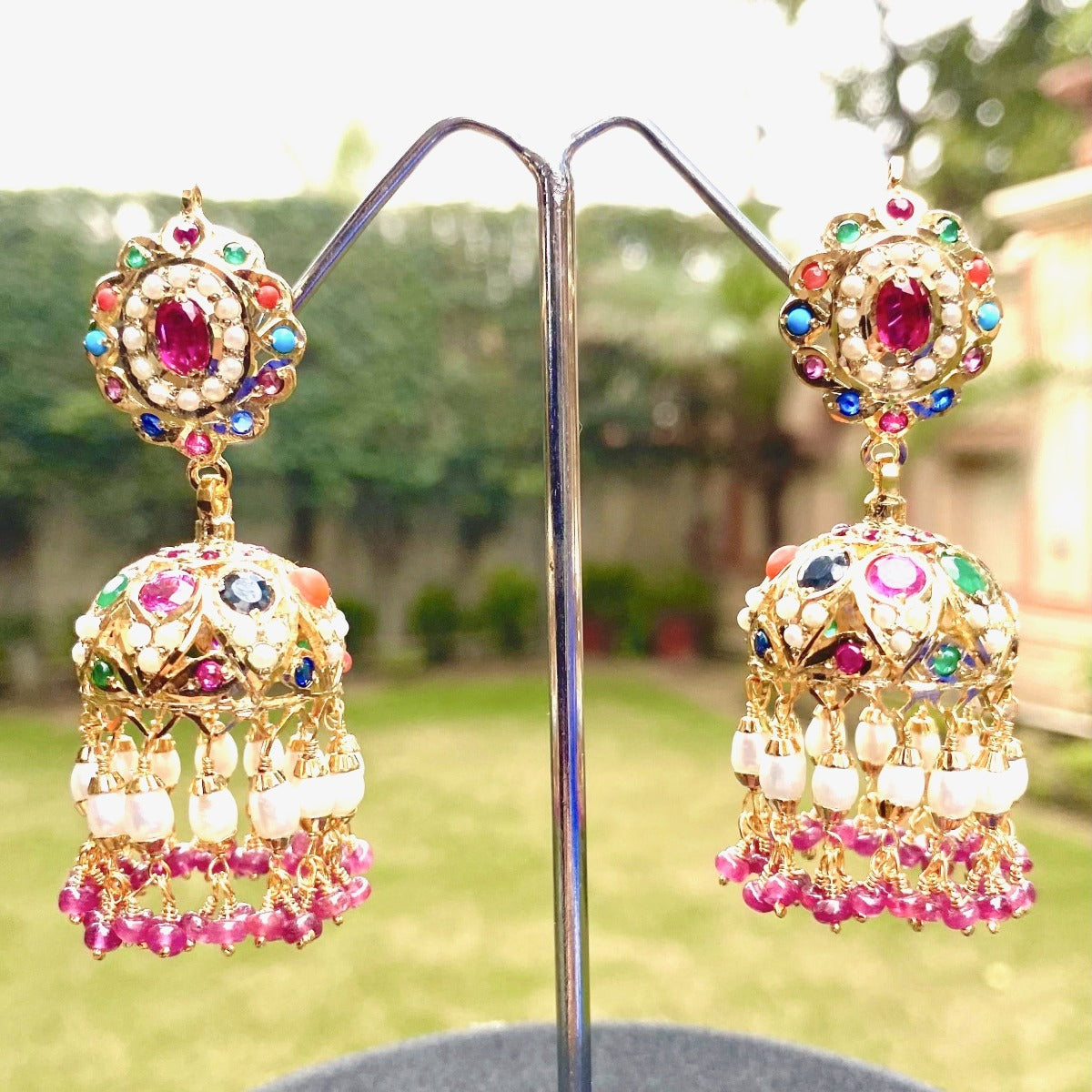 Gold Plated Navaratna Jhumka Earrings in Silver made with Jadau Technique ER 141A