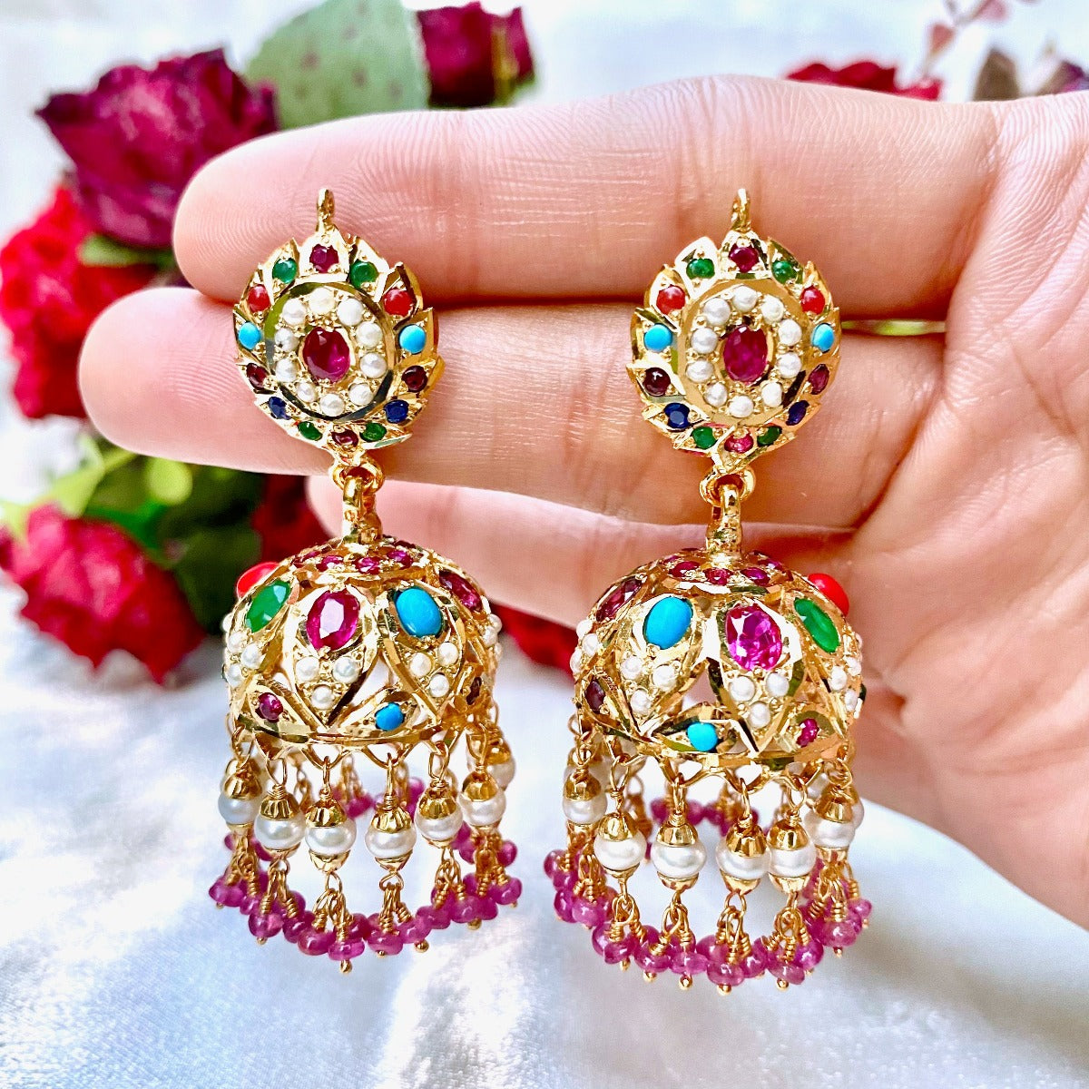 Navaratna jhumka gold plated on silver