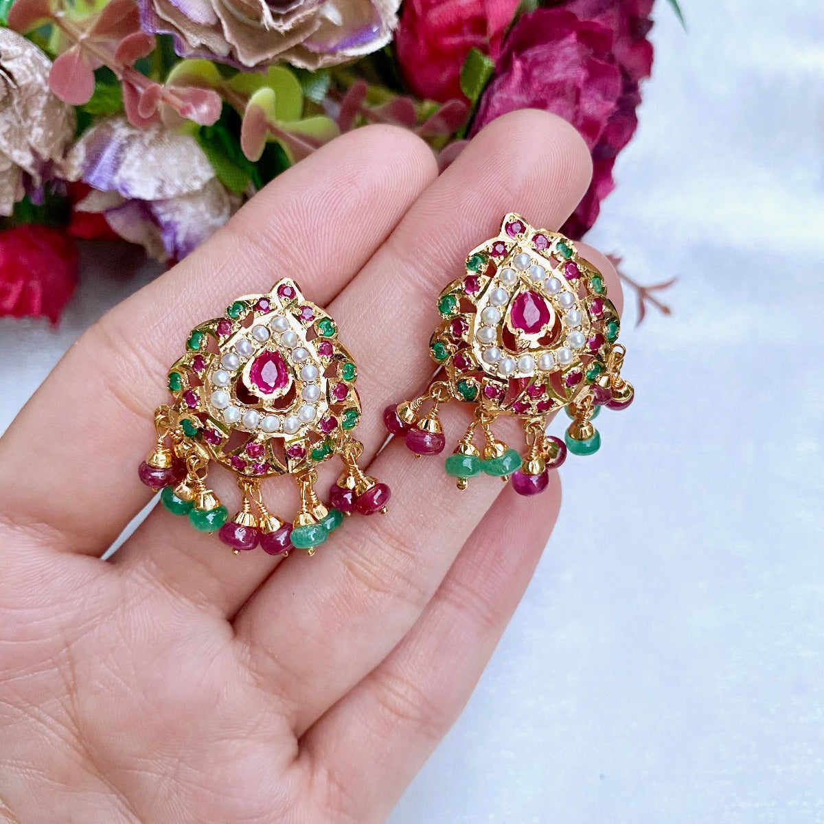 Multicolored Jadau Necklace Set in Gold Plated Silver NS 128