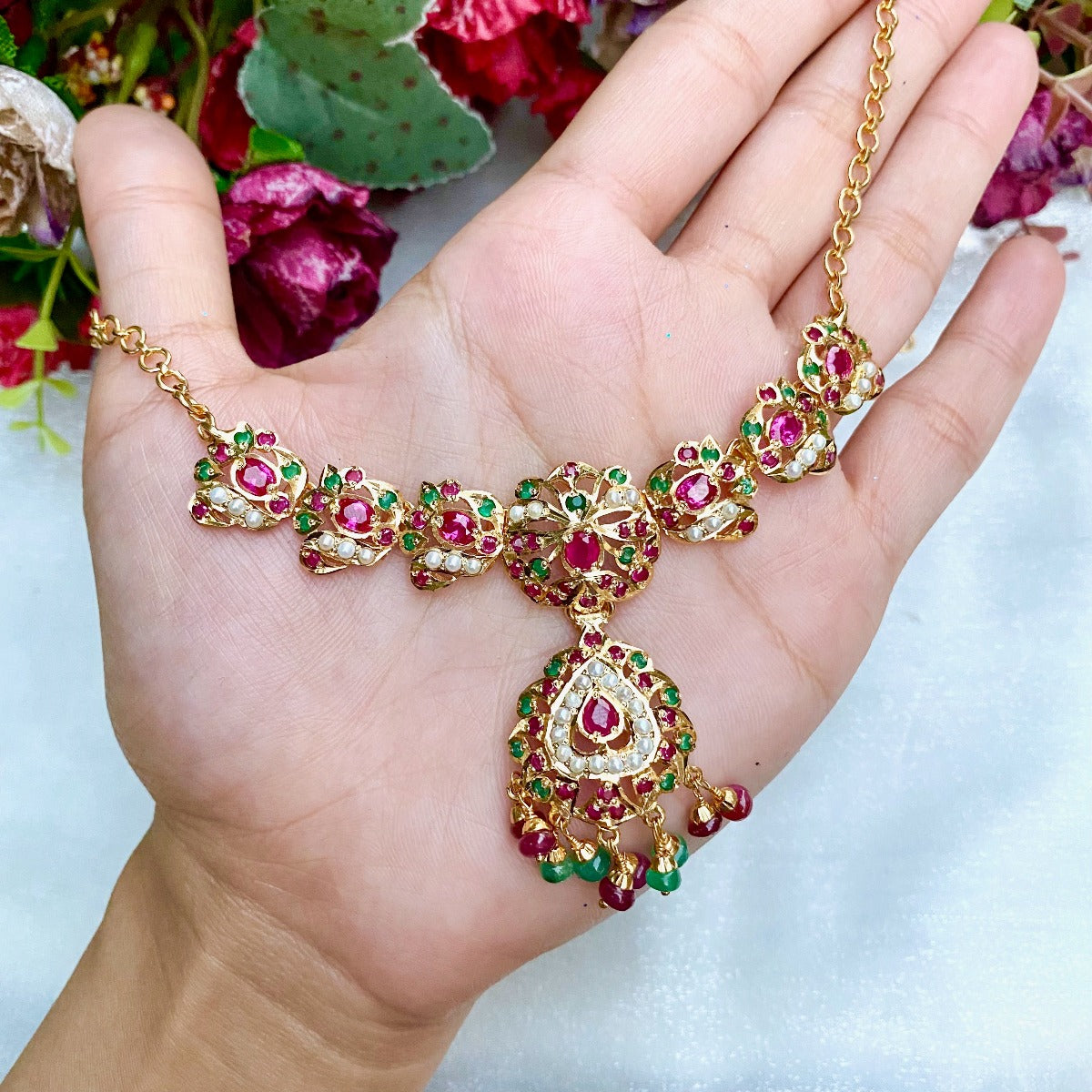 Multicolored Jadau Necklace Set in Gold Plated Silver NS 128