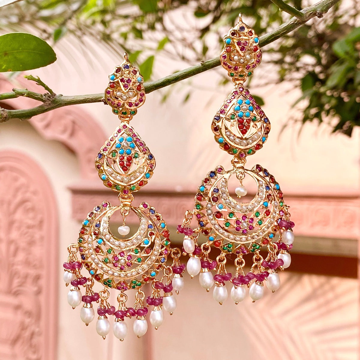 long jadau chandbali in gold polished silver