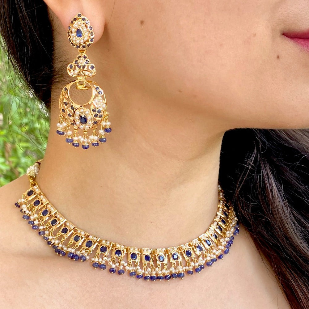 indian gold necklace and chandbali earrings set blue sapphires
