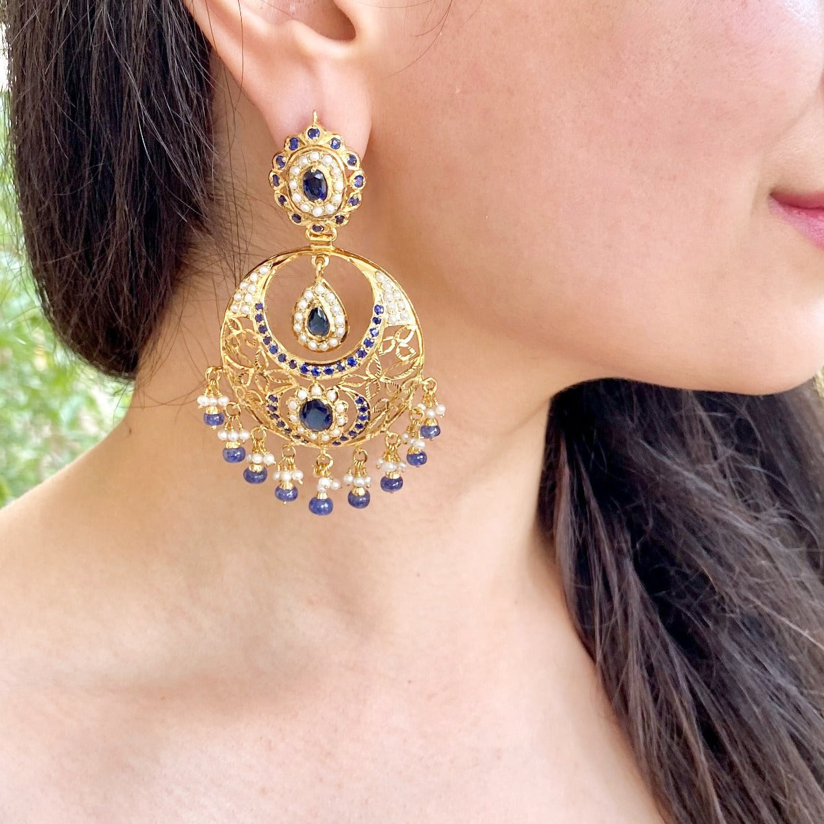 Pearl Sapphire Color Stones | Jadau Chandbali Earrings | Gold Plated Silver ER 318