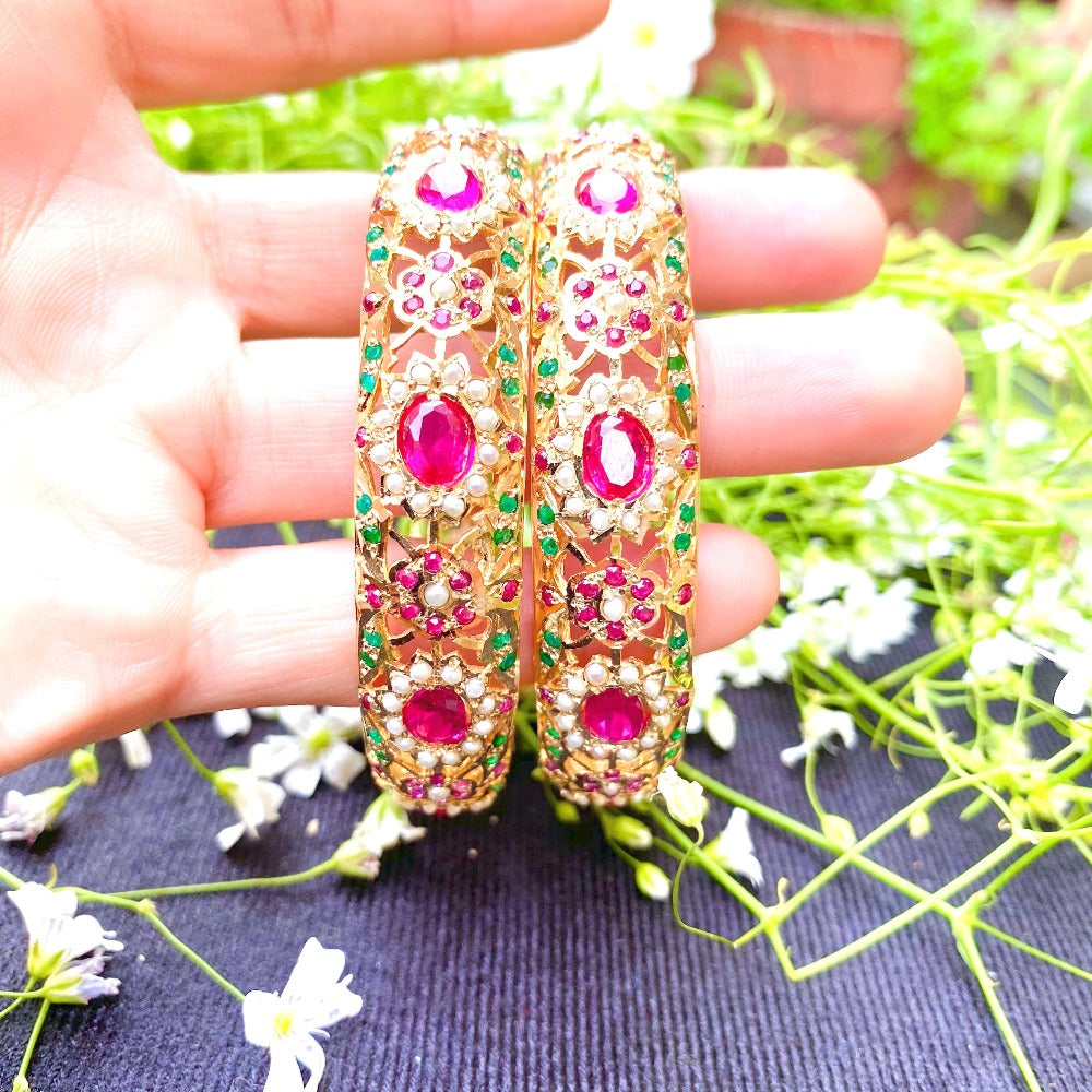 Multicolored Jadau Bangles | Pearls & Red Green Stones | Gold Plated Silver BG 011