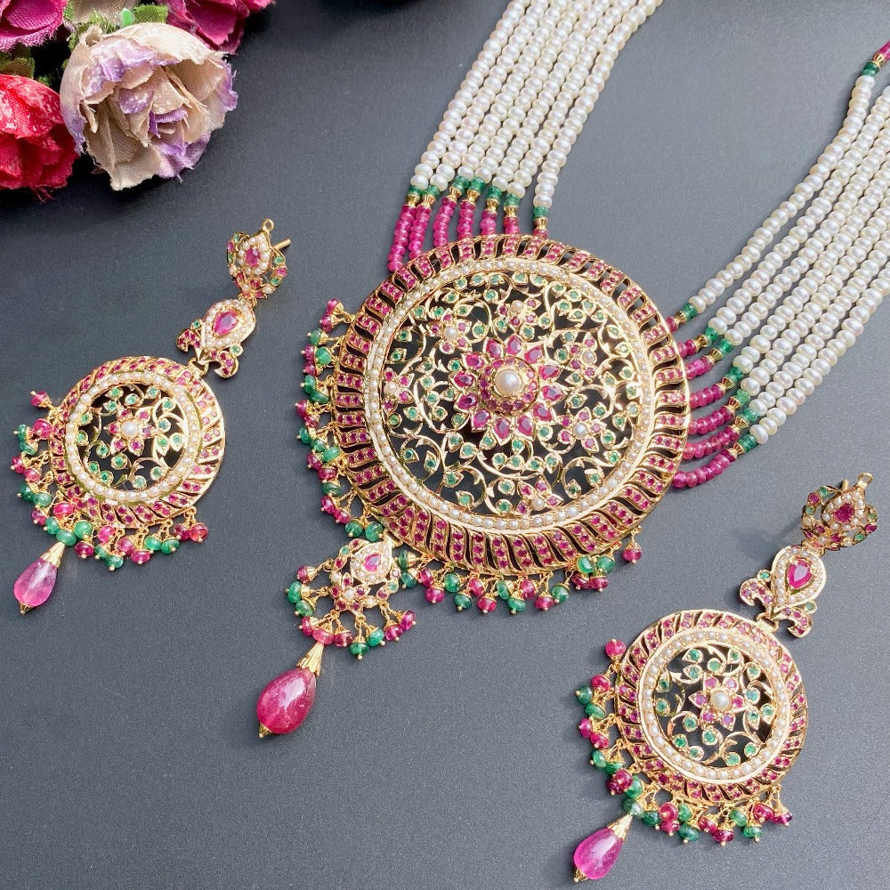 ruby emerald rani haar set in 22k gold