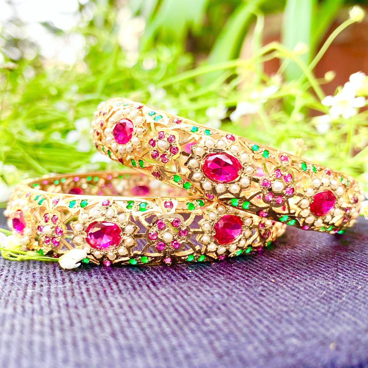 Multicolored Jadau Bangles | Pearls & Red Green Stones | Gold Plated Silver BG 011