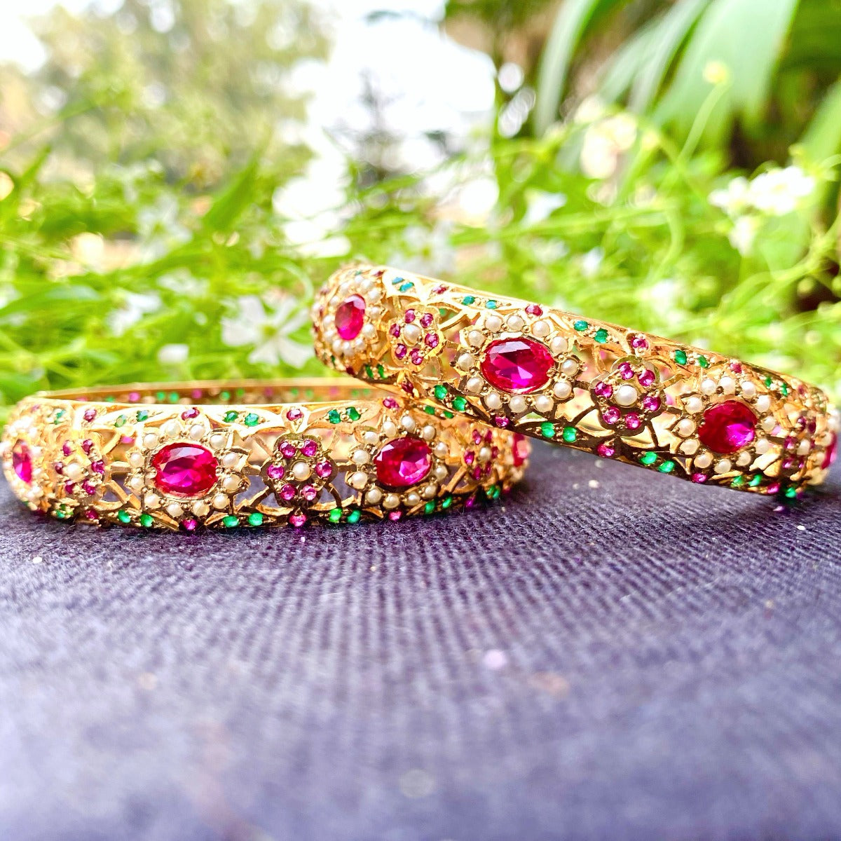 Multicolored Jadau Bangles | Pearls & Red Green Stones | Gold Plated Silver BG 011