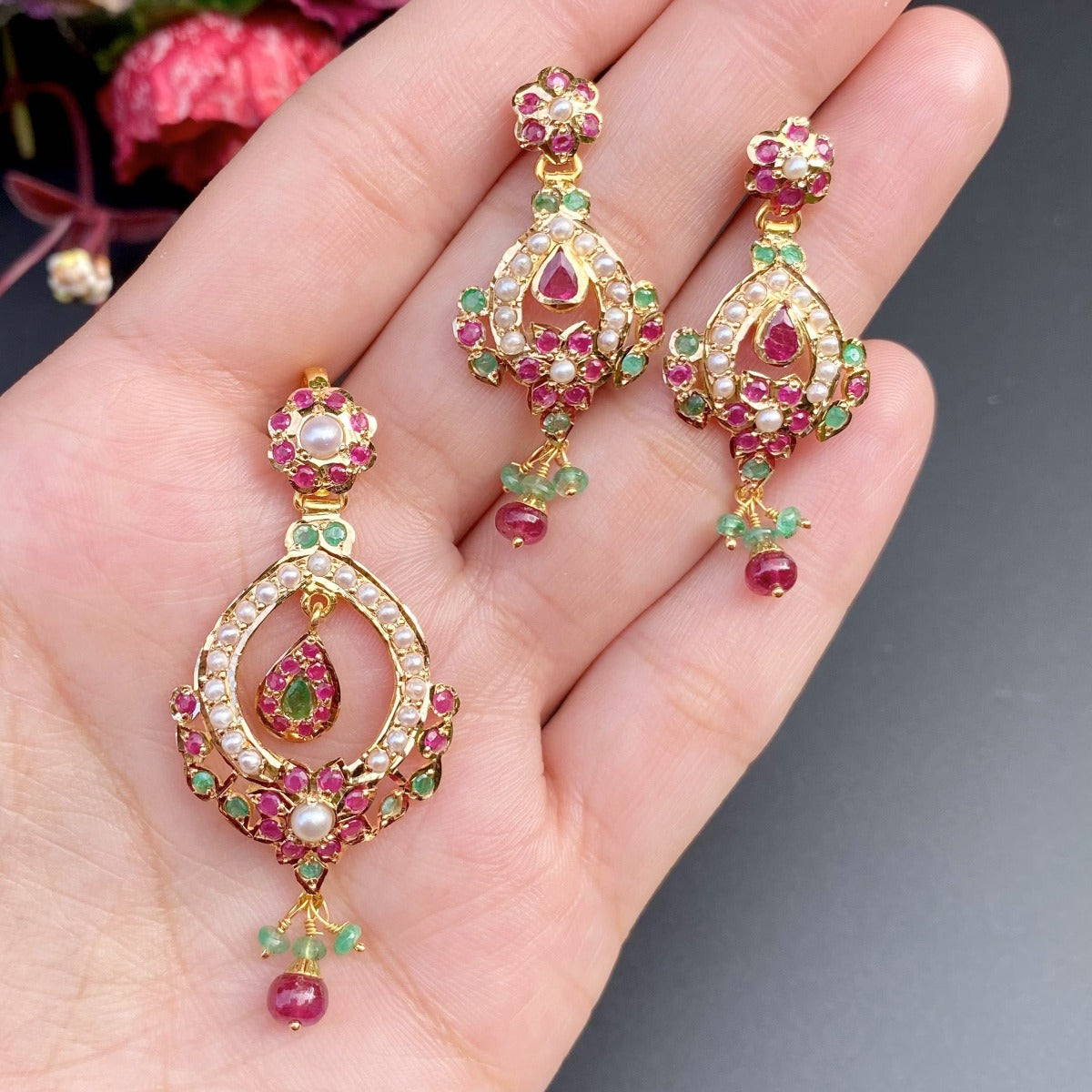 traditonal ruby emerald pearl pendant set in 22 carat gold