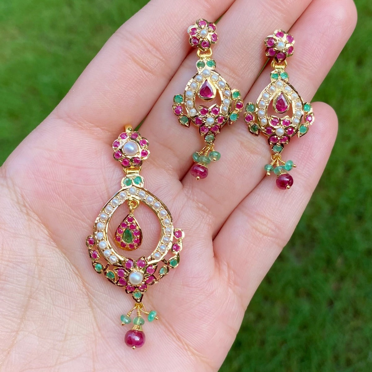 traditonal ruby emerald pearl pendant set in 22 carat gold