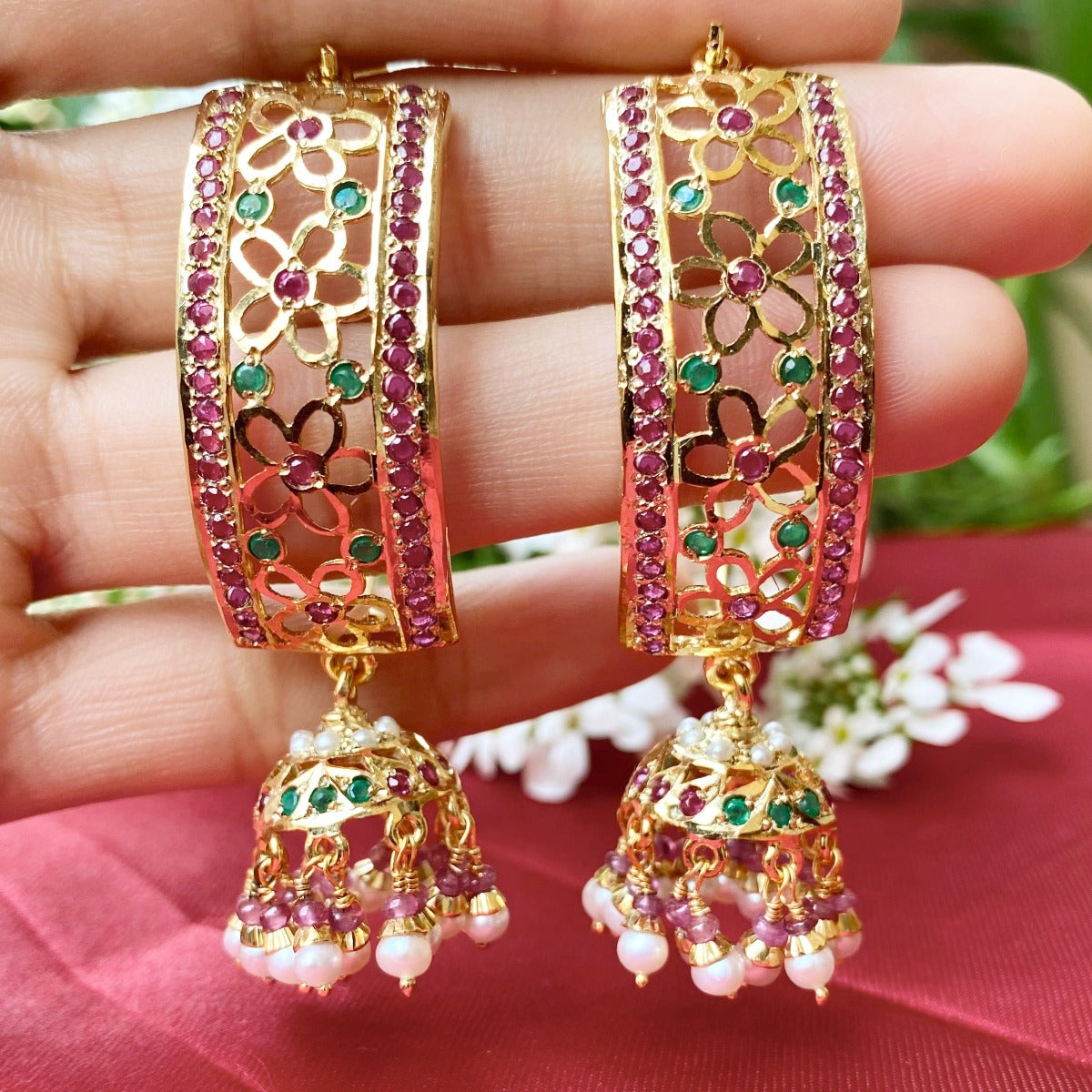Multicolored Jadau Jhumka Earrings in Gold Plated Silver ER 167