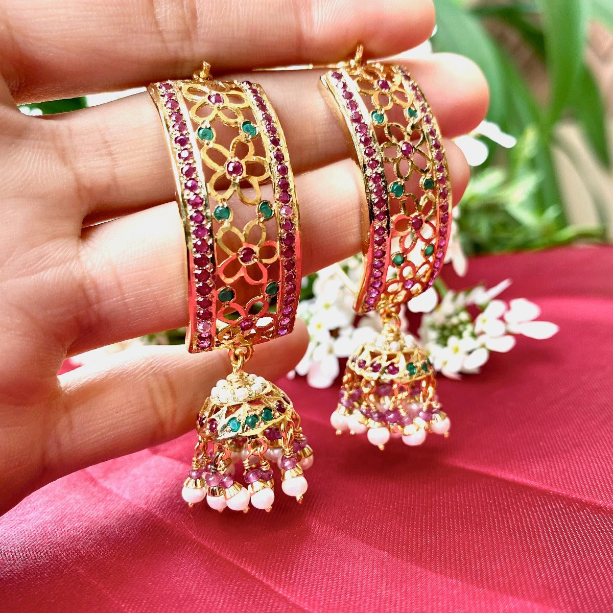 Multicolored Jadau Jhumka Earrings in Gold Plated Silver ER 167