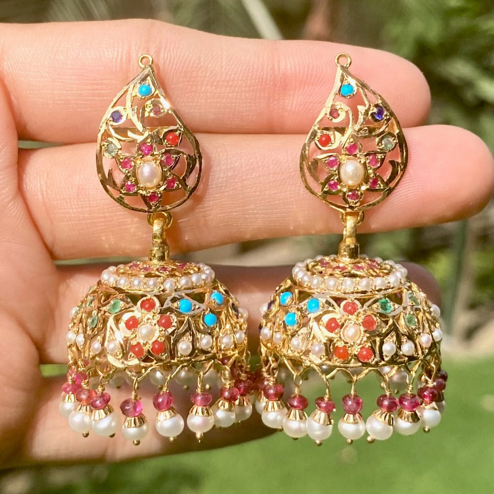 gold jhumka in navratna colours