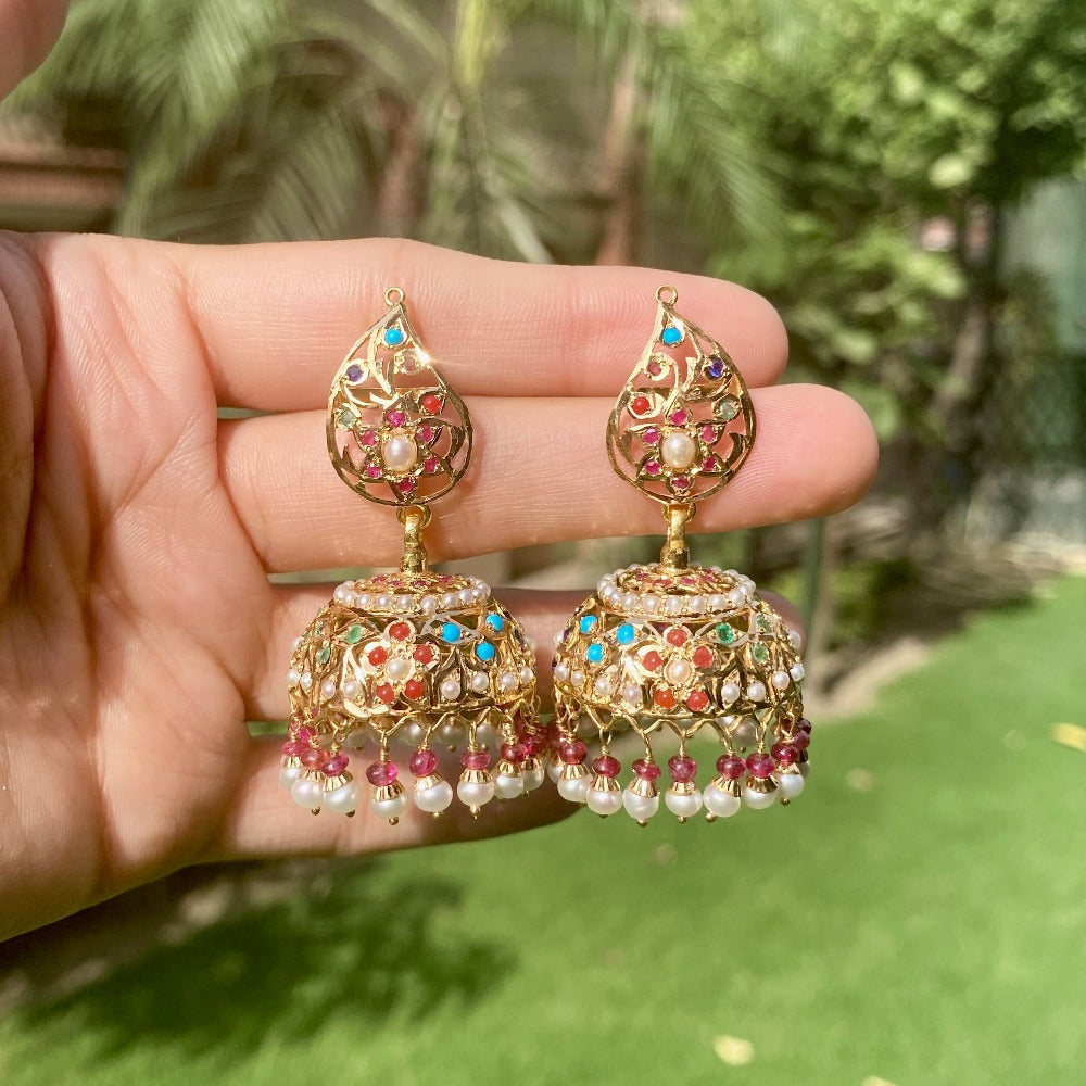 gold jhumka in navratna colours