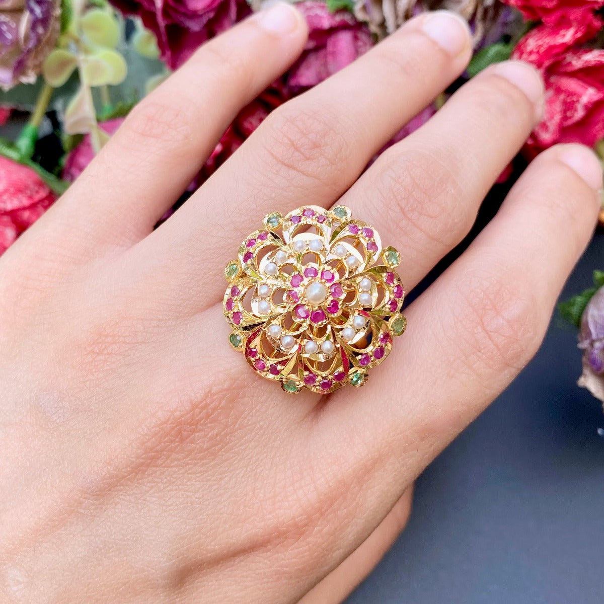 hyderabadi jadau gold cocktail ring