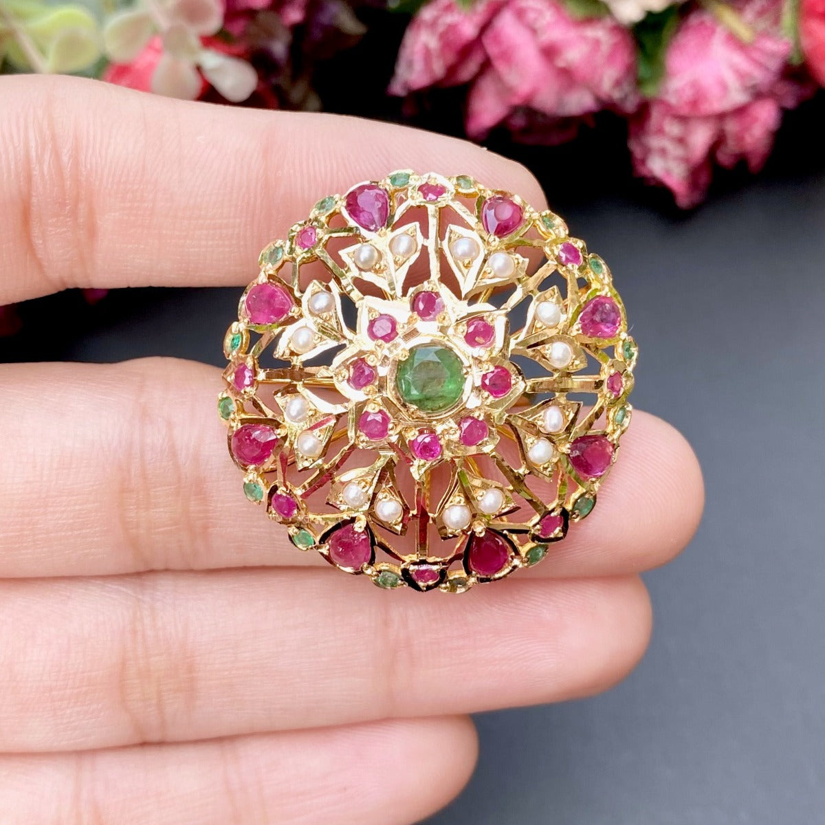 multicoloured floral jadau ring in 22ct gold glr 074