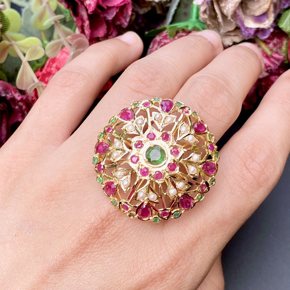 multicoloured floral jadau ring in 22ct gold glr 074
