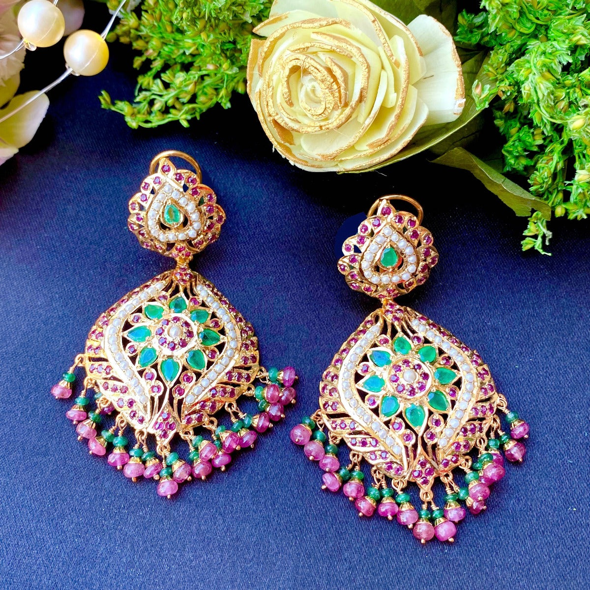 Emeralds Accentuated Jadau Earrings in Gold Plated Silver ER 173