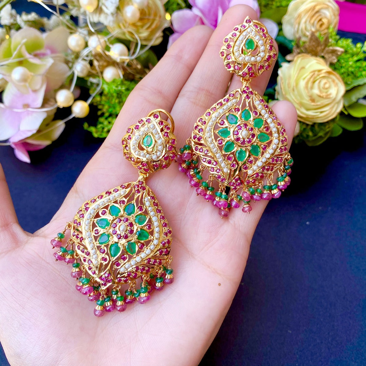 Emeralds Accentuated Jadau Earrings in Gold Plated Silver ER 173