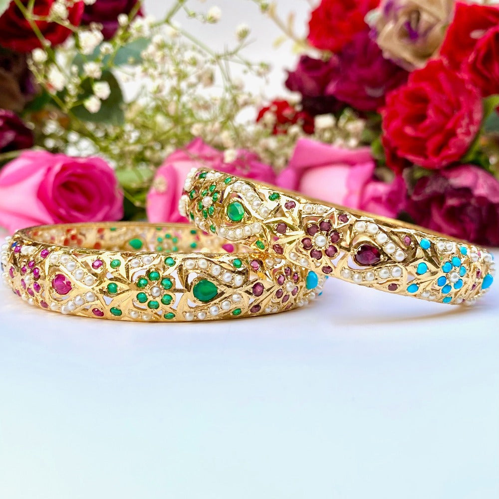 Indian Nauratan Bangles For Women | Silver Base With 22K Gold Plating BG 053