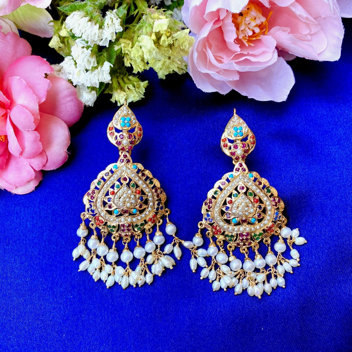 Navratan Stones Studded Jadau Earrings in Gold Plated Silver ER 177