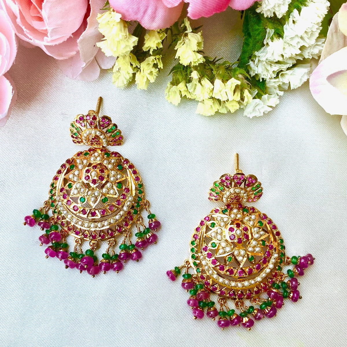 Multicolored Jadau Earrings in Gold Polished Silver ER 178