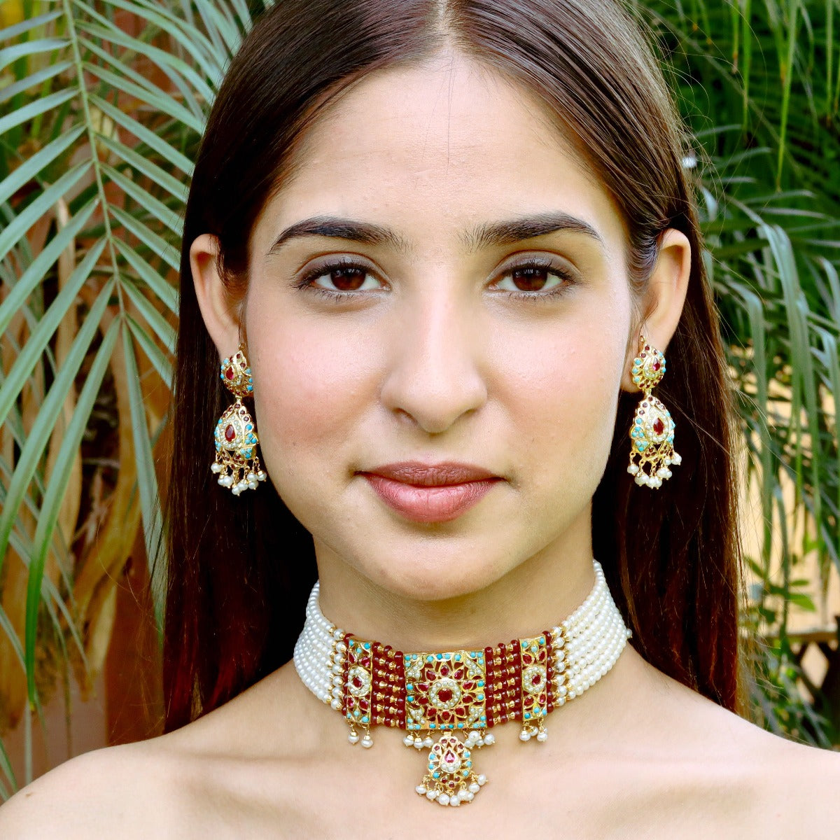 Multicolored Jadau Choker Necklace Set in Gold Plated Silver NS 007