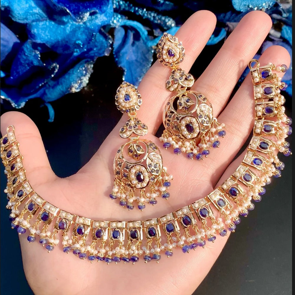 indian gold necklace and chandbali earrings set blue sapphires