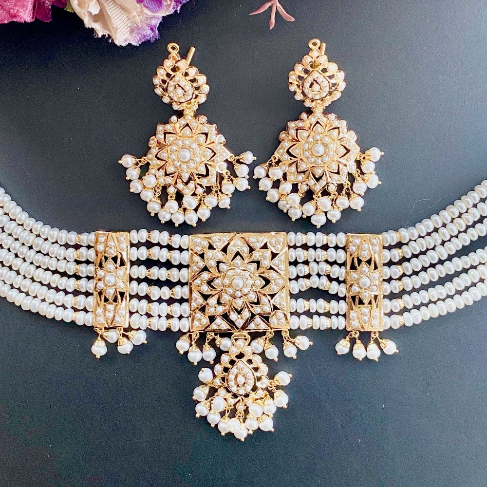 indian pearl choker on gold plated silver