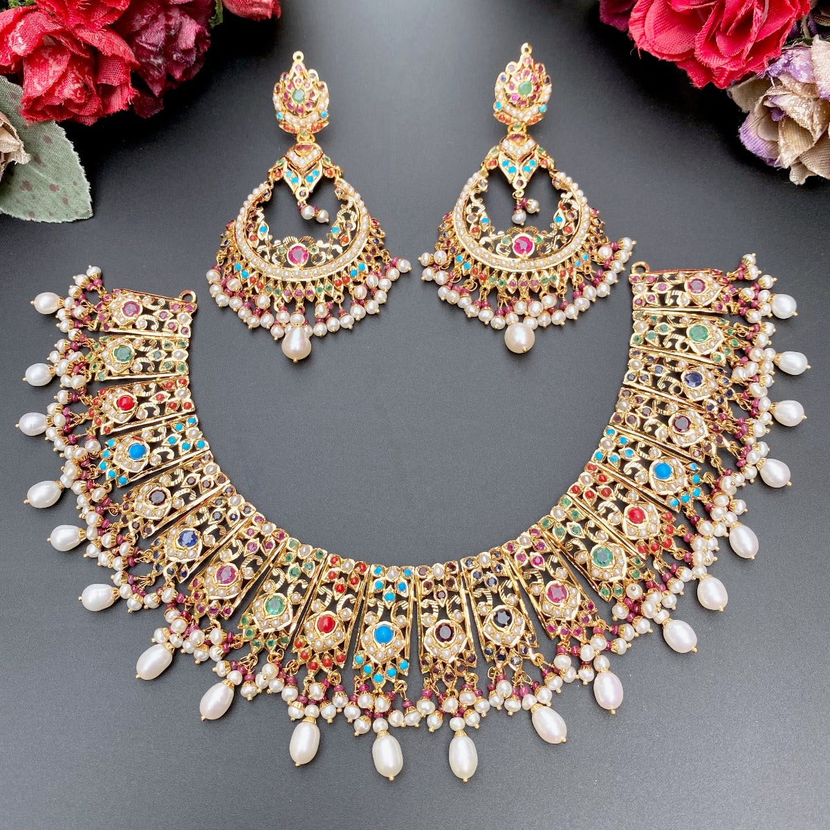 bridal wear navaratna gold necklace set