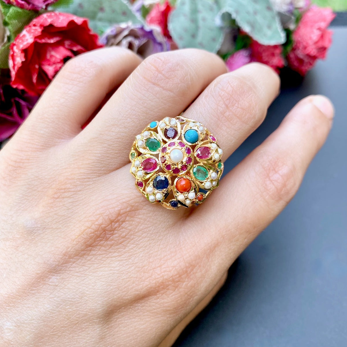 enchanting navratna ring for women 916 gold with precious stones