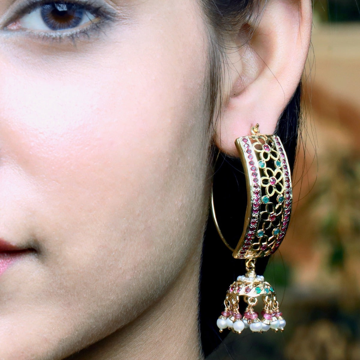 Multicolored Jadau Jhumka Earrings in Gold Plated Silver ER 167