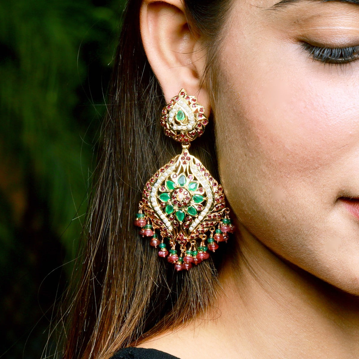Emeralds Accentuated Jadau Earrings in Gold Plated Silver ER 173